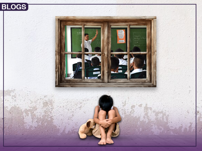 A child sits alone with a teddy bear, looking down, while a classroom scene is visible through a window above. This image symbolizes the isolation some children feel and highlights the transformative impact of charities like Support for Humanity in providing education and community support.